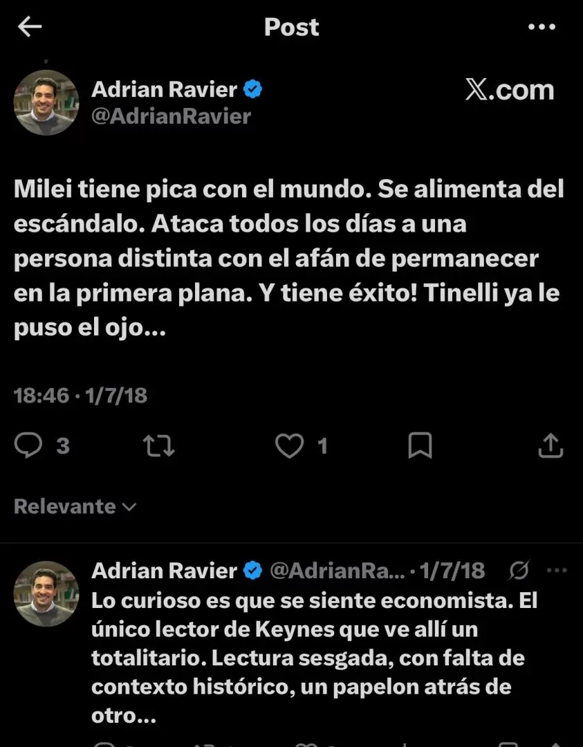 Los cruces y entredichos de Javier Milei y Adri�n Ravier que se filtraron en redes sociales, luego de que el presidente lo nombrara vocero.