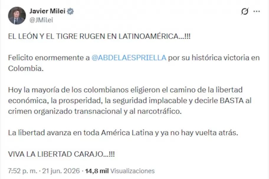 El festejo de Milei tras la victoria de Abelardo de la Espriella