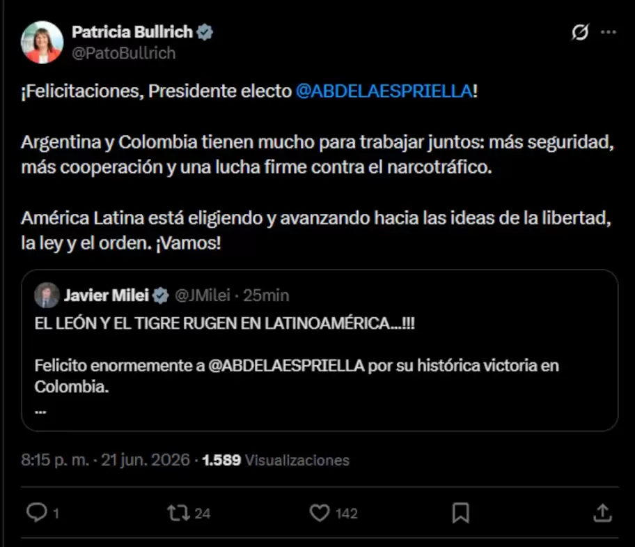 El festejo de Bullrich tras la victoria de Abelardo de la Espriella