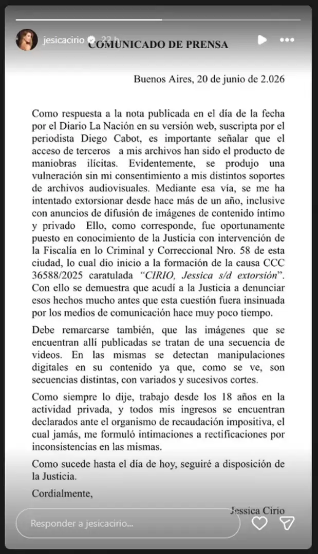 El comunicado de prensa de Jesica Cirio tras la difusi�n de los videos con cientos de millones de d�lares
