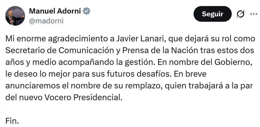 Manuel Adorni le agradeci� a Javier Lanari sus dos a�os como secretario de Comunicaci�n y Prensa de la Naci�n.