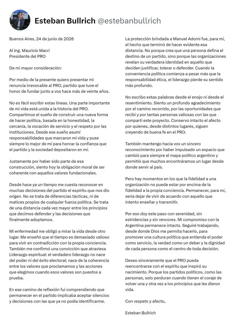 la carta con la que renunci� Esteban Bullrich