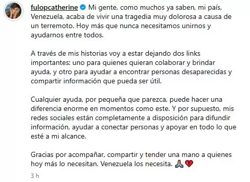 Catherine Fulop puso sus redes al servicio de las v�ctimas del terremoto