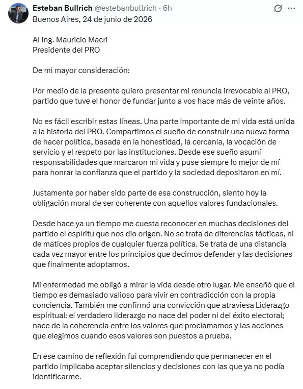 Esteban Bullrich rompi� con el PRO