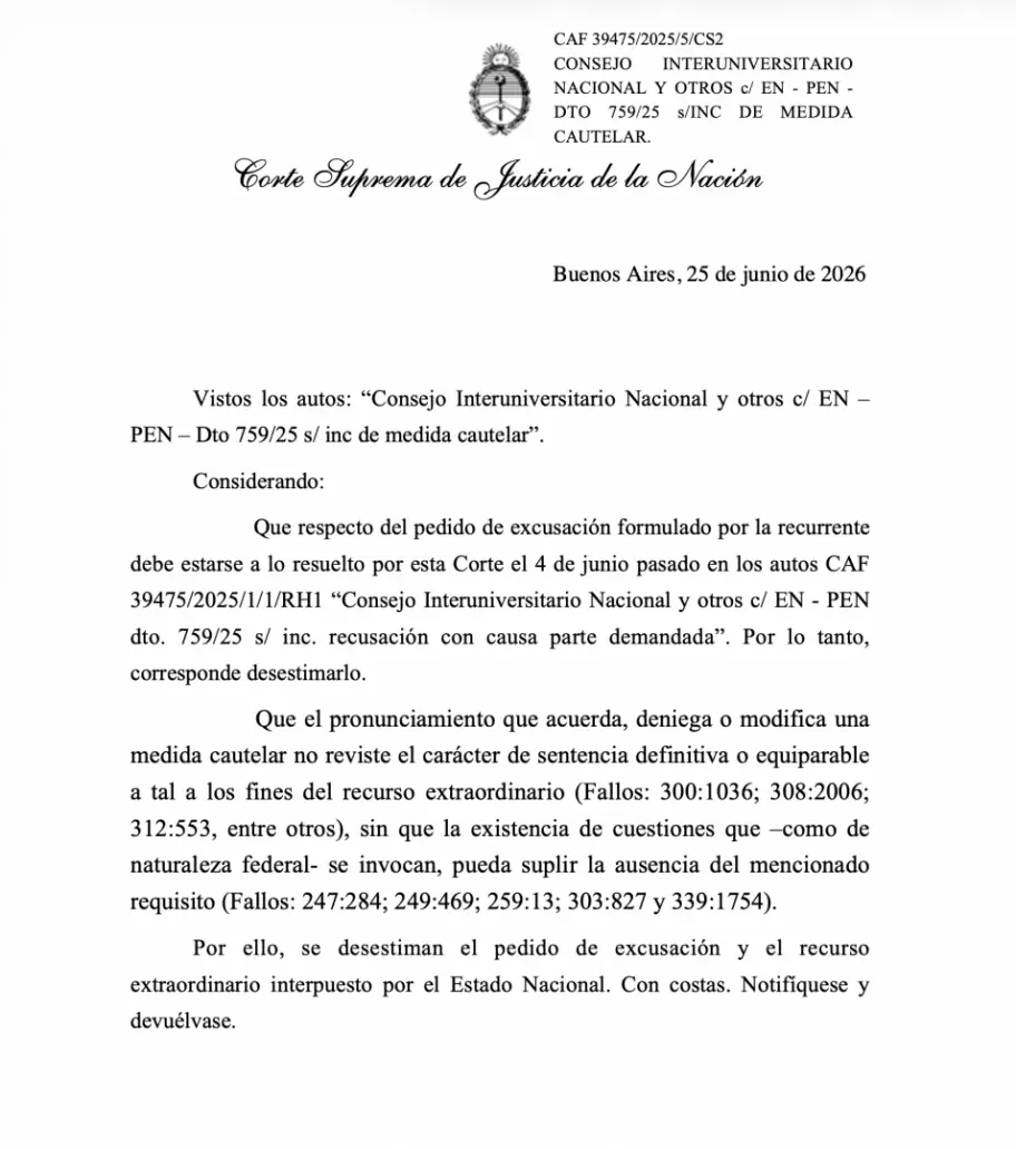 La Corte Suprema dejó firme la cautelar que obliga a cumplir la Ley de Financiamiento Universitario