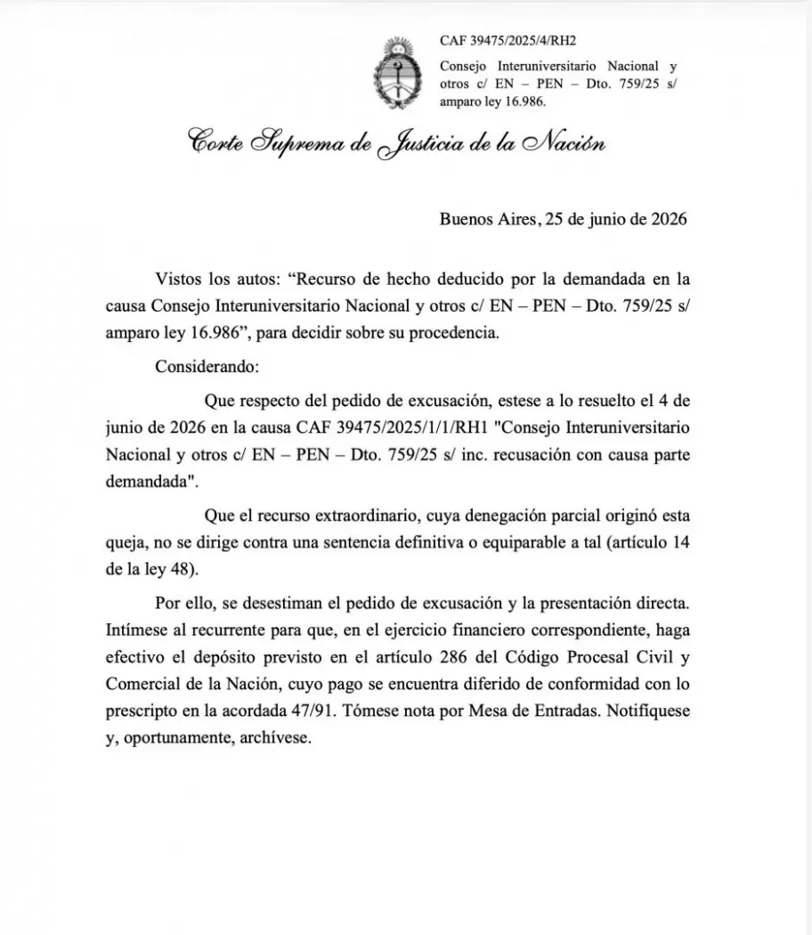 La Corte Suprema dejó firme la cautelar que obliga a cumplir la Ley de Financiamiento Universitario