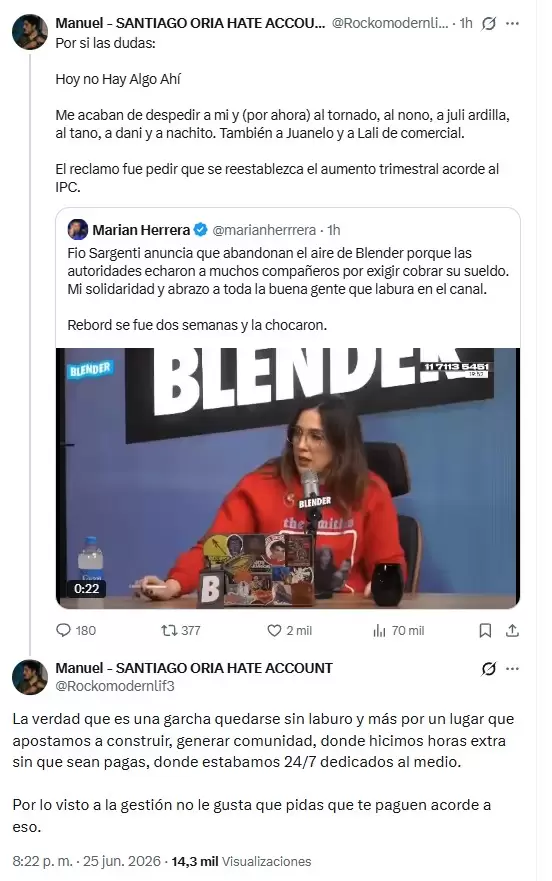El testimonio de uno de los productores de Blender y Hay Algo Ah� sobre los despidos en el canal de streaming.