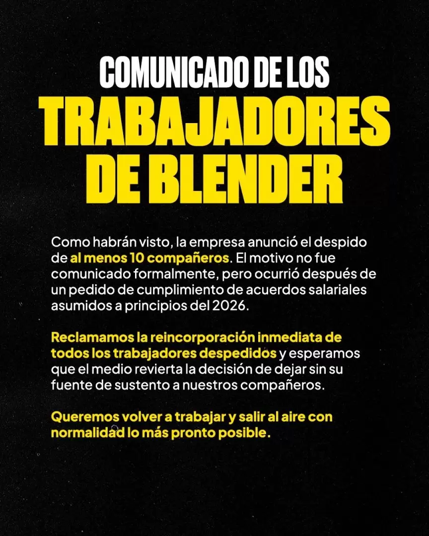 Los y las trabajadoras de Blender se expresaron en un comunicado