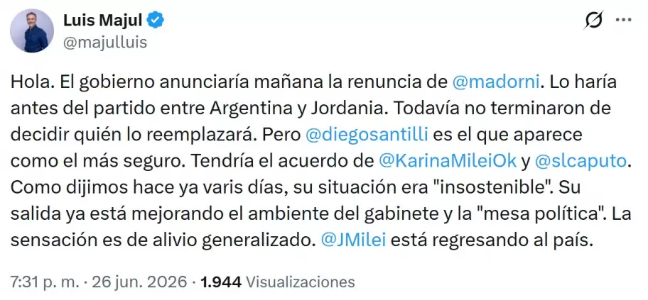 Luis Majul inform� que la salida de Adorni ser� el s�bado antes de Argentina - Jordania.
