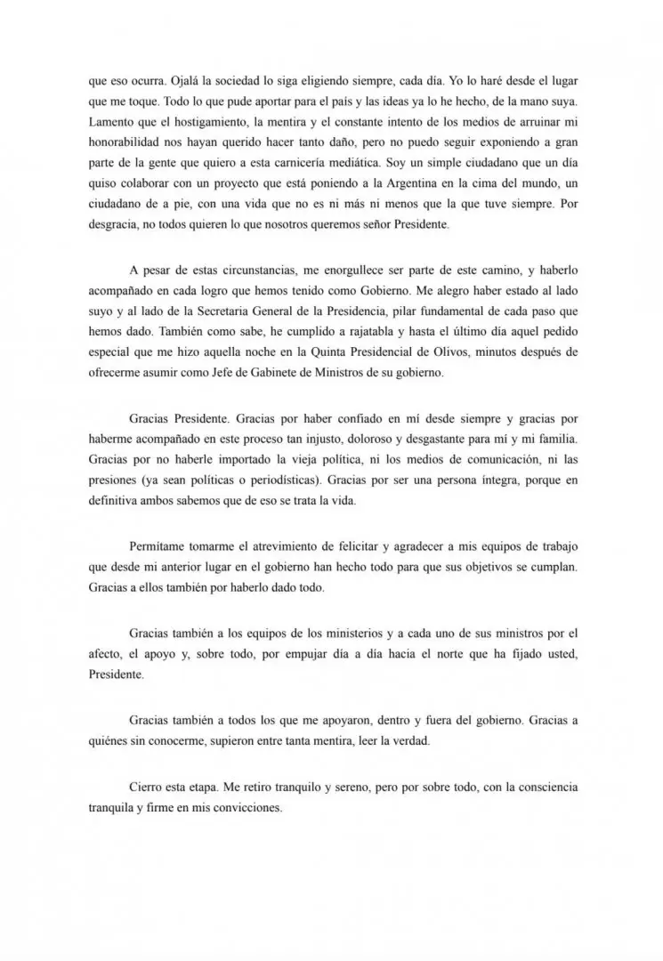 La carta de renuncia a la Jefatura de Gabinete de Manuel Adorni, dirigida al presidente Javier Milei.