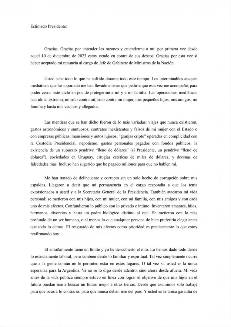 La carta de renuncia a la Jefatura de Gabinete de Manuel Adorni, dirigida al presidente Javier Milei.