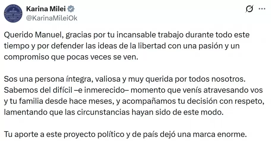 Karina Milei elogió a Manuel Adorni tras la carta de renuncia que publicó dirigida al presidente Javier Milei.