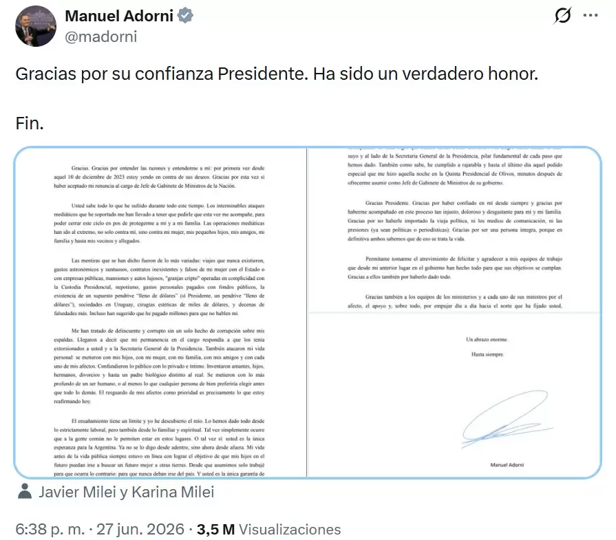 El tuit de despedida de Manuel Adorni al publicar la carta de renuncia a su cargo como jefe de Gabinete.