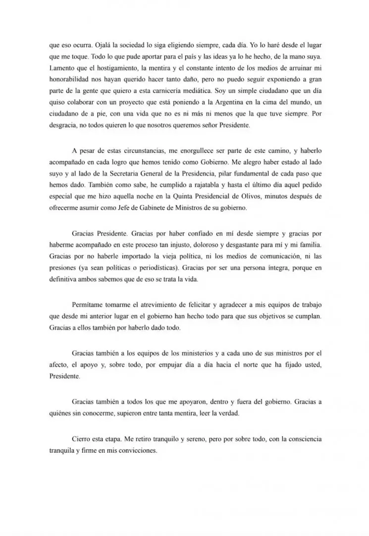 La carta de renuncia completa de Adorni
