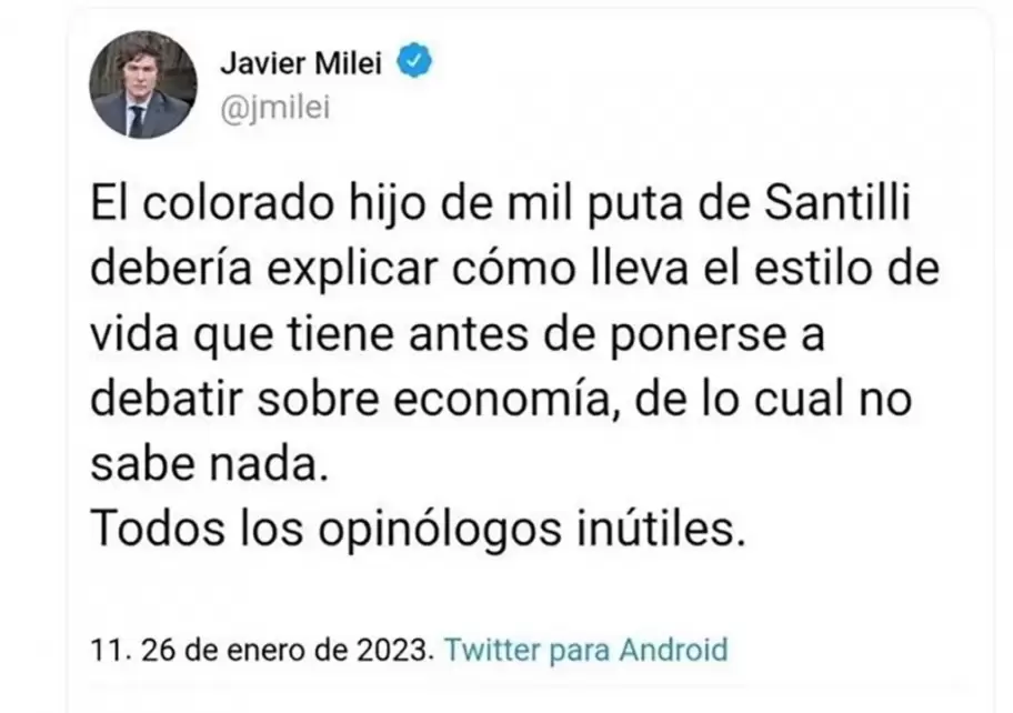 El tweet de Javier Milei contra Diego Santilli a�os atr�s