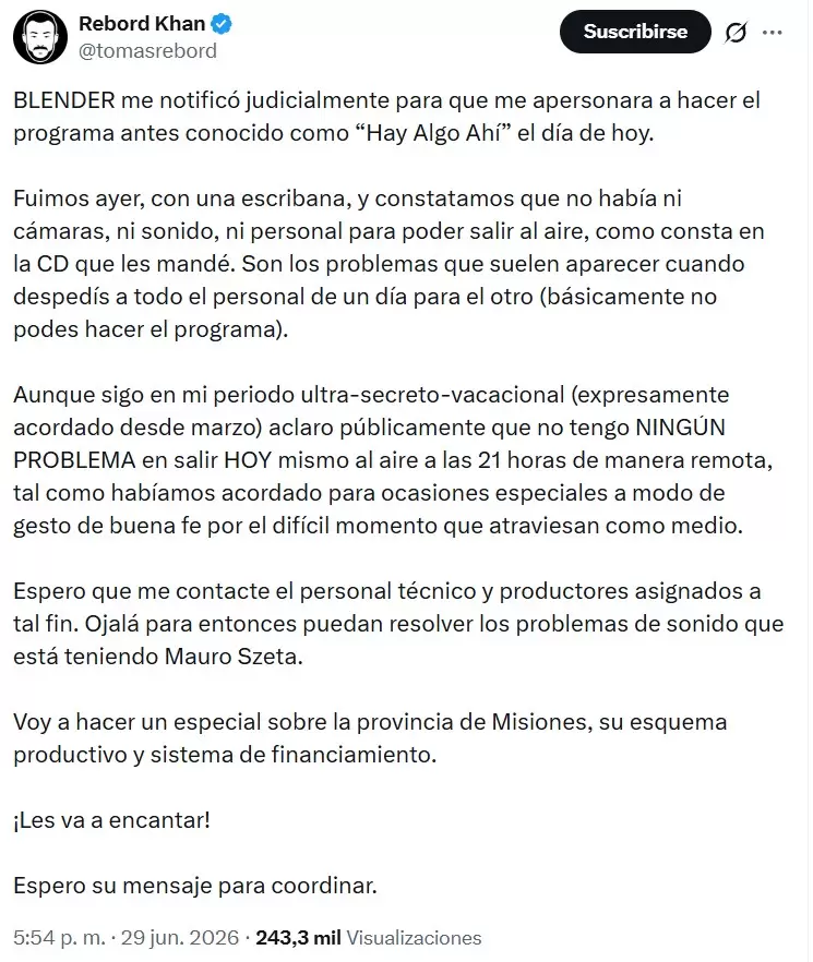 El tuit de Tom�s Rebord en el que respondi� a la intimaci�n para que se presente en Blender.