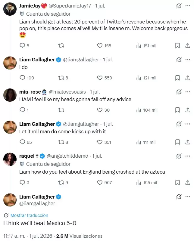 El tuit que respondió Liam Gallagher donde pronosticó la goleada inglesa sobre México, que desató el escándalo.
