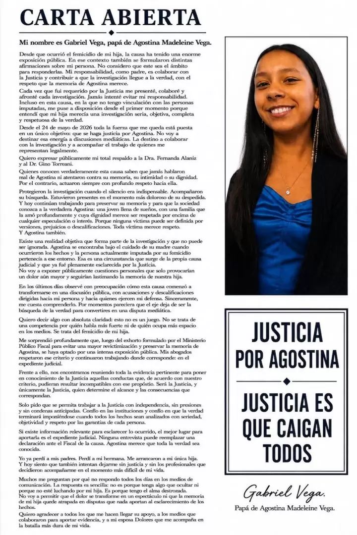 La carta abierta del pap� de Agostina a un mes del femicidio