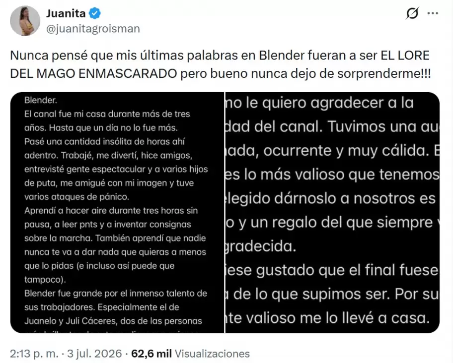 Juanita Groisman y su posteo de despedida tras el escándalo de los despidos en Blender.