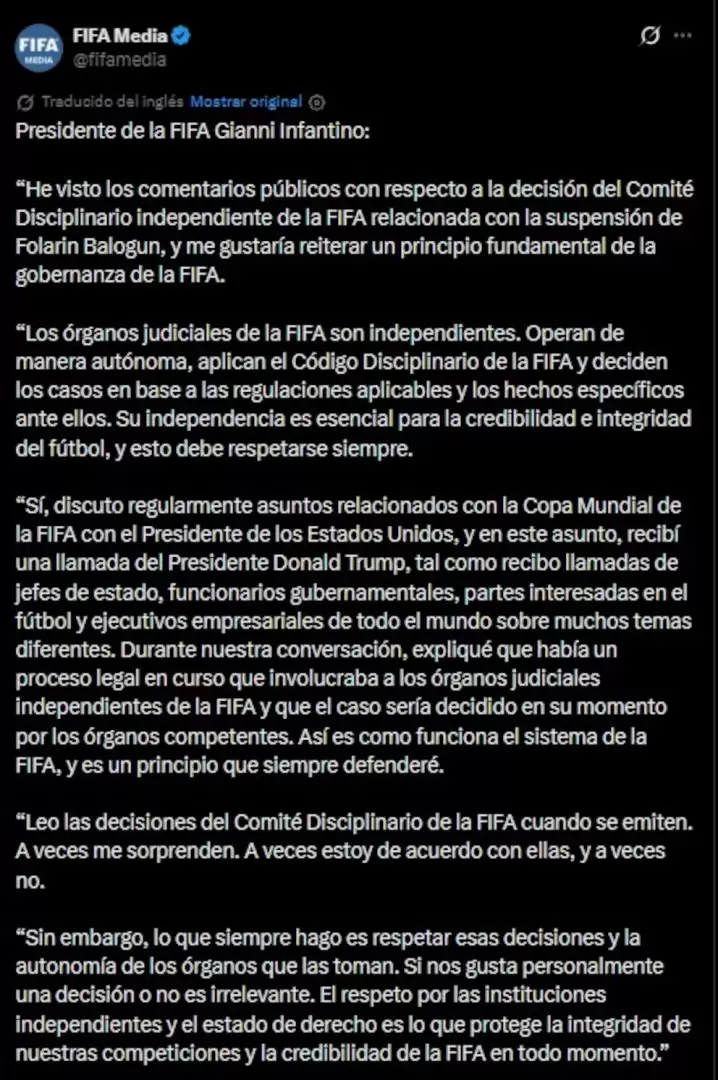 El comunicado de Gianni Infantino