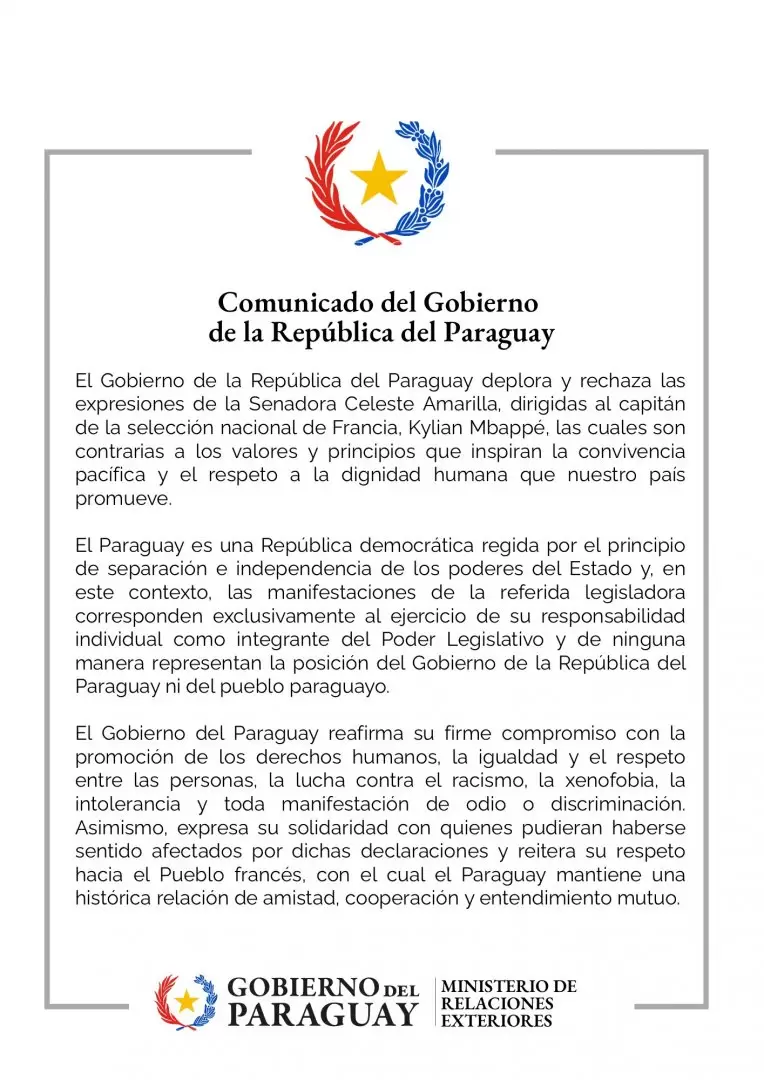 El comunicado del Gobierno de Paraguay para repudiar las declaraciones racistas de la senadora Celeste Amarilla.