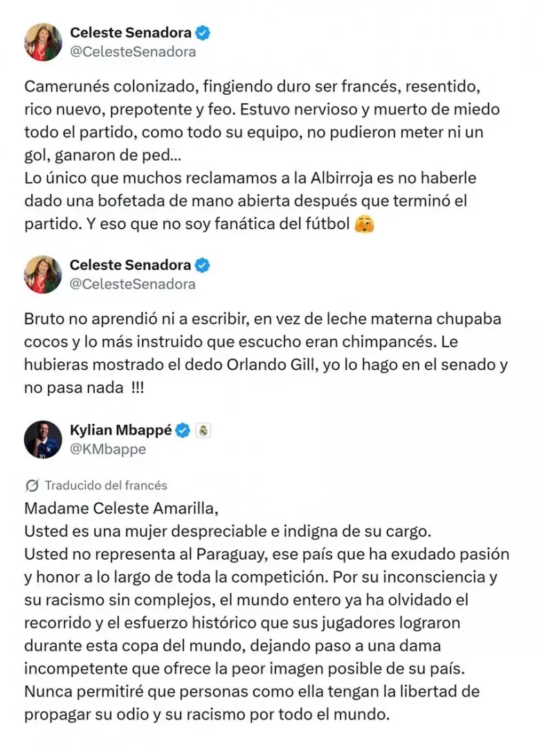 La respuesta de Kyllian Mbapp� a las declaraciones racistas de la senadora paraguaya Celeste Amarilla.