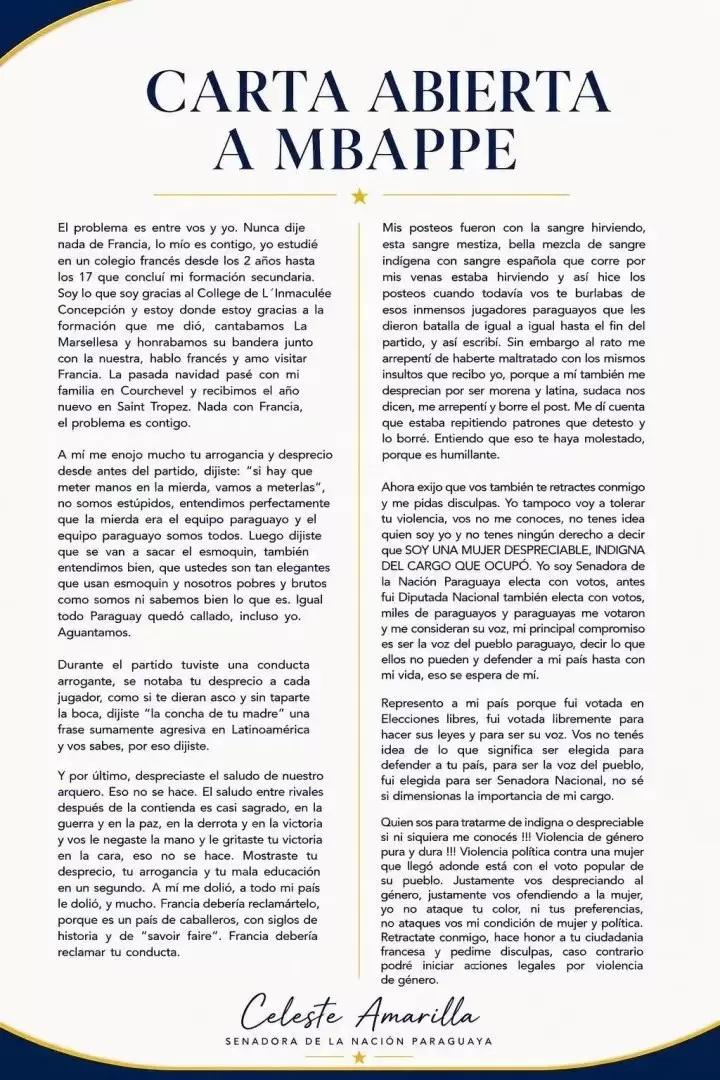 Carta abierta de la senadora paraguaya Celeste Amarilla
