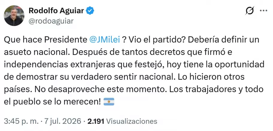Rodolfo Aguiar de ATE reclamó asueto nacional por la victoria frente a Egipto y chicaneó a Milei.