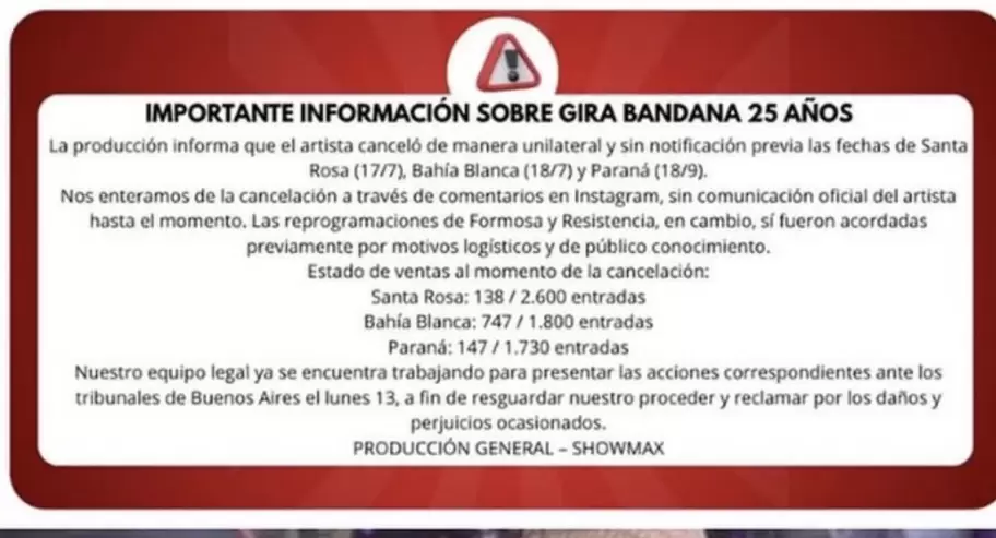 ShowMax atribuy� la cancelaci�n de los shows de Bandana por la baja venta de tickets.