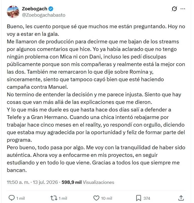El descargo de Zoe