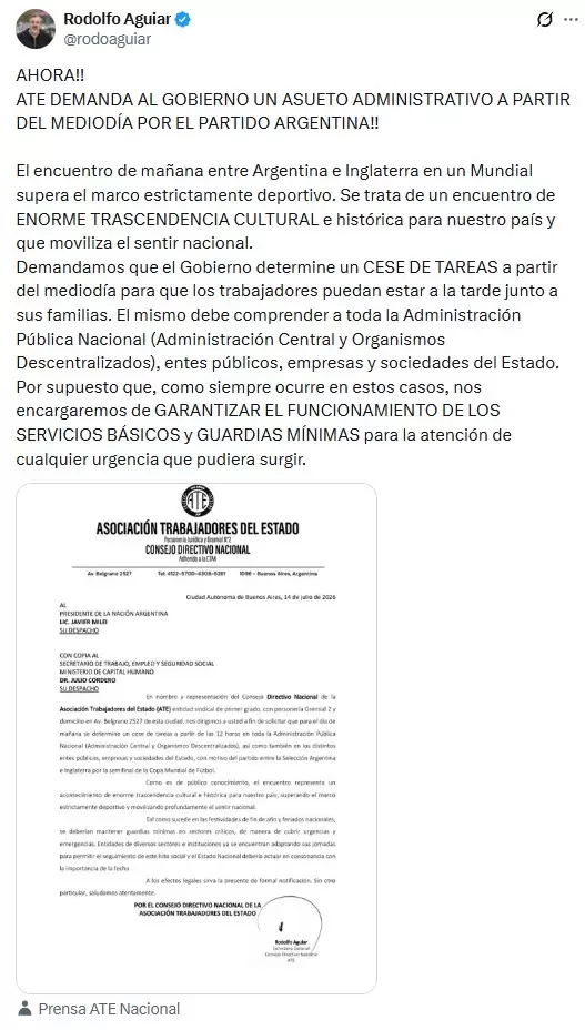 La carta con la que ATE reclam� asueto administrativo de cara a Argentina e Inglaterra.