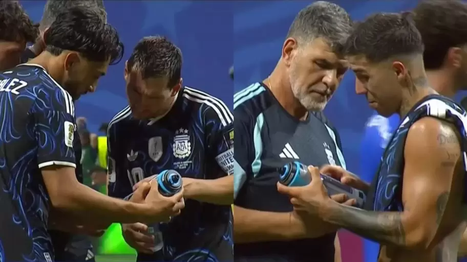 Enzo Fernández sorprendido por la botella del arquero Jordan Pickford