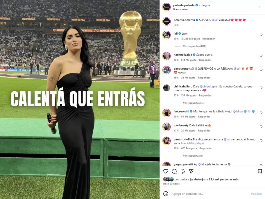 La publicación de las fiestas Polenta que comenzó la campaña para que Lali Espósito vuelva a interpretar el himno nacional en la Final del Mundial.