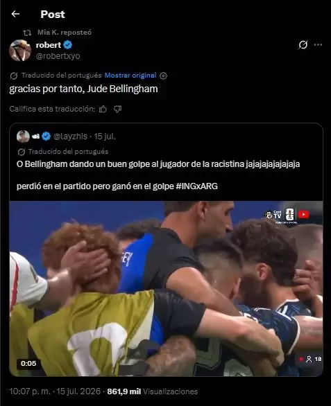 El retuit de Mía Khalifa con elogios para Jude Bellingham por haber agredido a Valentín "El Colo" Barco.
