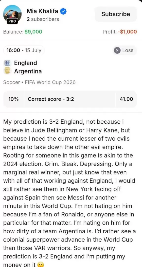 El largo descargo anti argentino de Mia Khalifa tras perder US$9.000 por apostar a favor de Inglaterra en las Semifinales del Mundial 2026.
