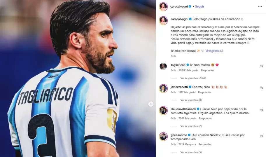 La publicación que le dedicó Caro Calvagni a Nicolás Tagliafico.