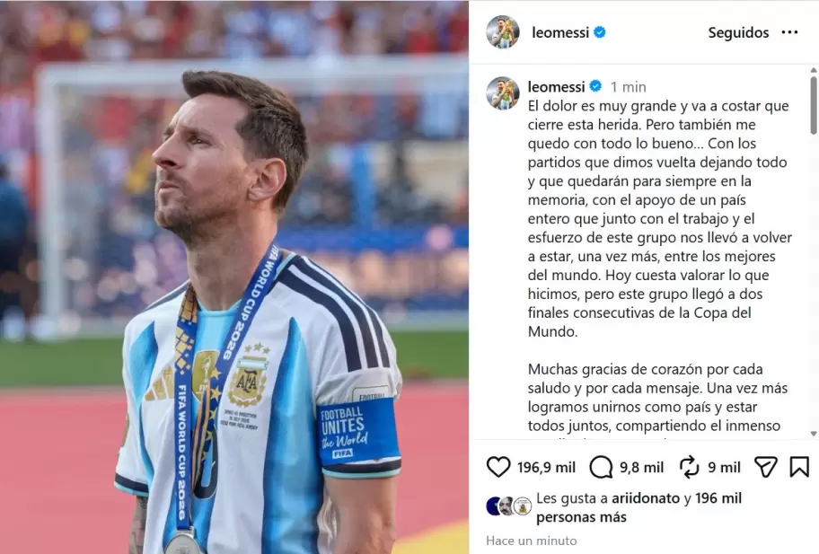 La publicación de Lionel Messi tras la derrota en la Final del Mundial 2026.