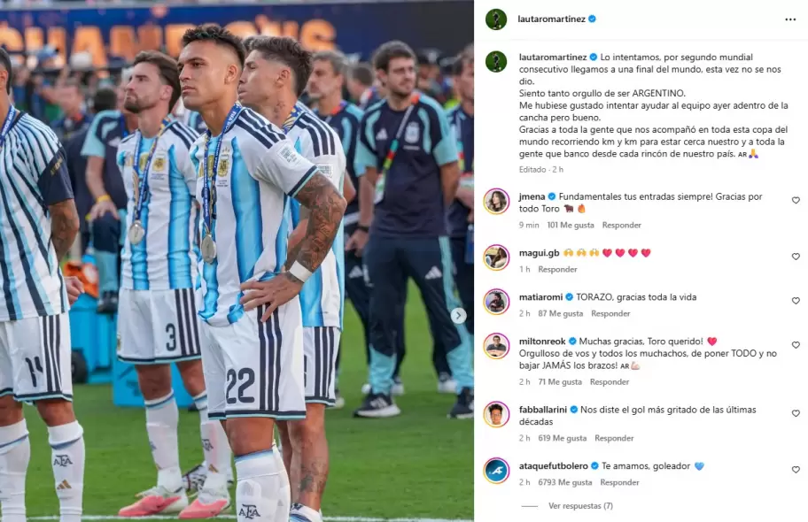 Lautaro Martínez y su publicación tras perder la Final del Mundial 2026 contra España, sin haber entrado a jugar.