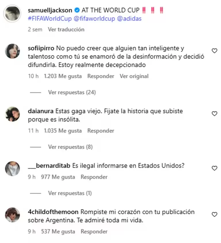 Llovieron las defensas a Argentina en los posteos de Samuel L. Jackson
