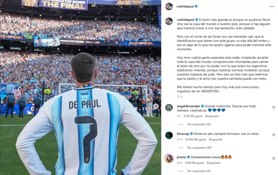 La publicación de Rodrigo de Paul para saludar al público argentino tras la eliminación en la Final del Mundial 2026.