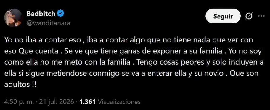 Wanda Nara negó haber querido presionar a "Pochi" a que cuente los problemas de salud mental de su hija.