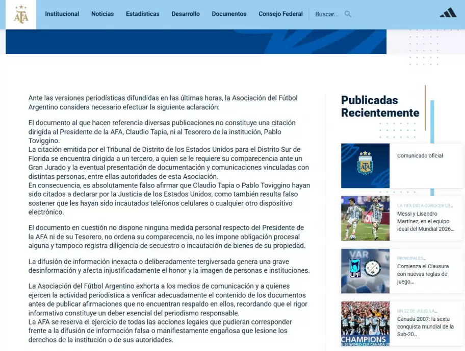 El comunicado de la AFA