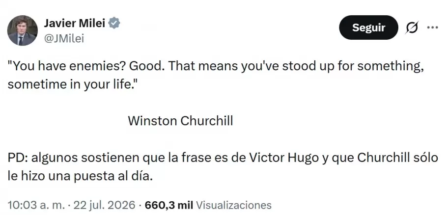 La frase que Milei atribuy� a Winston Churchill.