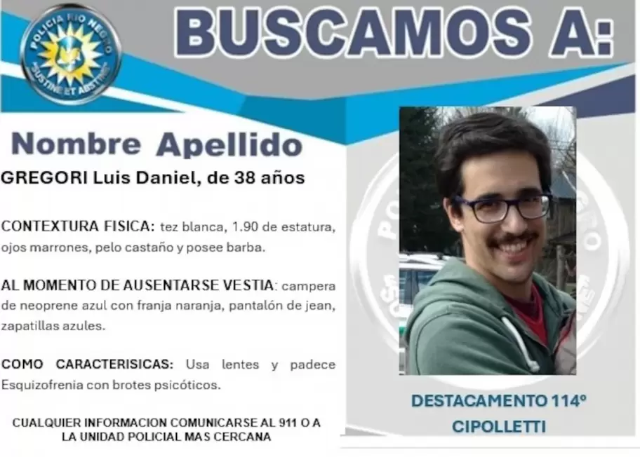 Luis Daniel Gregori, de 38 años, salió de su casa en Cipolletti con destino a Córdoba y desde el miércoles nadie volvió a saber de él.