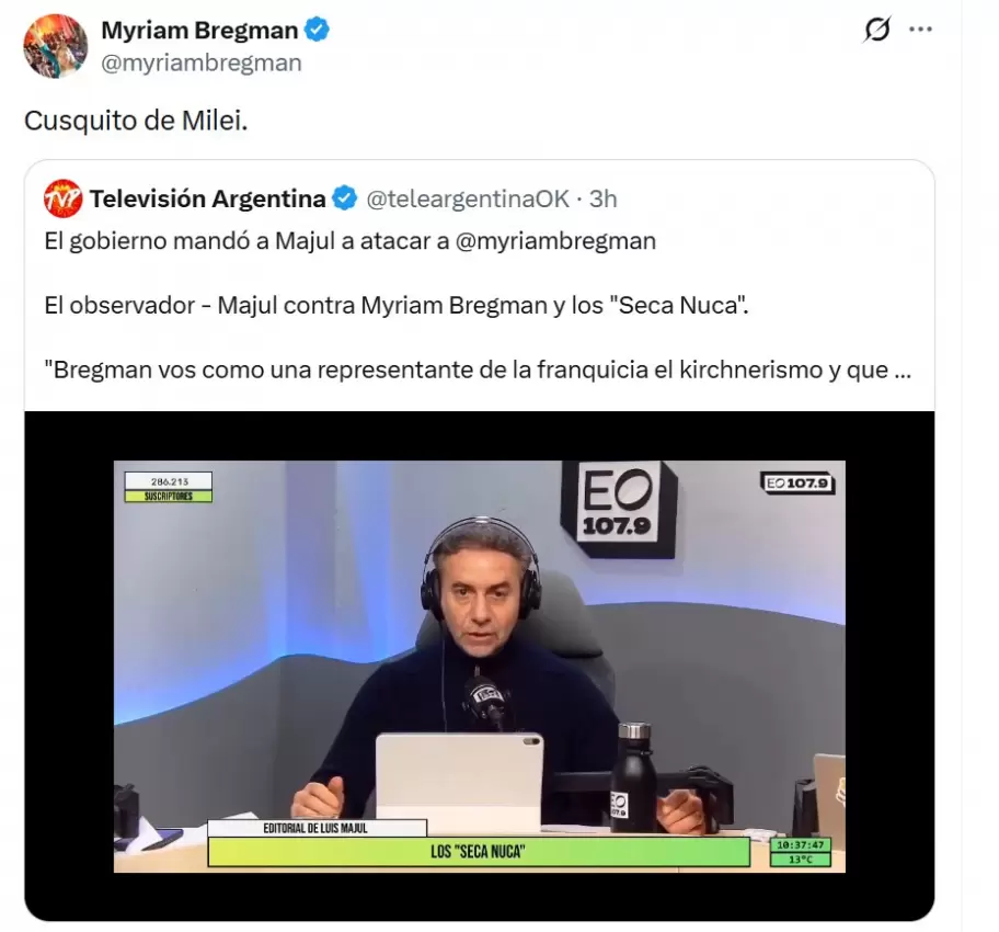"Cusquito de Milei", fue la respuesta de Myriam Bregman a Luis Majul, luego de que la descalificara como "secanucas" del kirchnerismo.