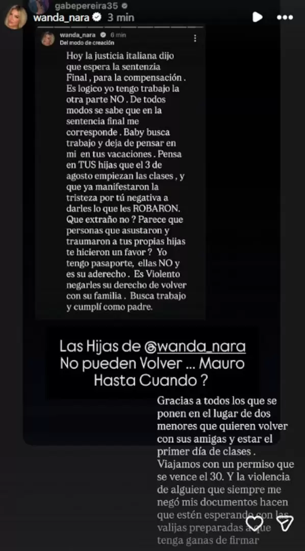 Wanda Nara pide que sus hijas puedan volver a Argentina