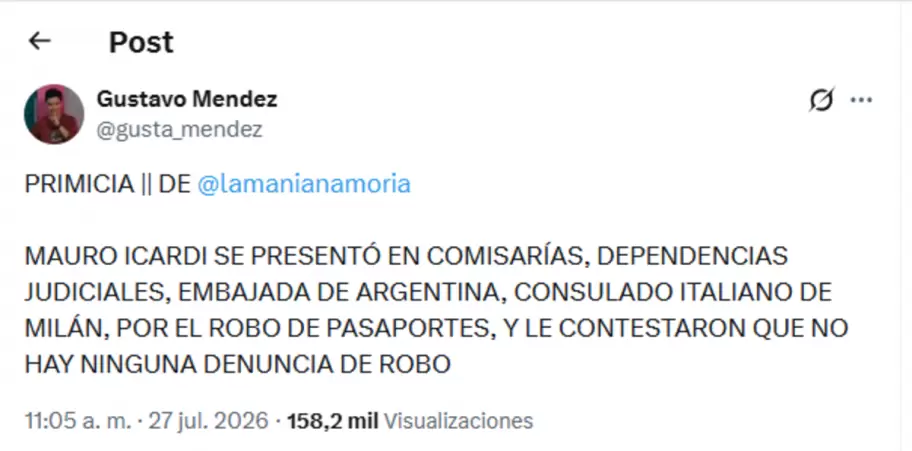 Gustavo M�ndez asegur� que Mauro Icardi se hab�a presentado en distintas comisar�as italianas