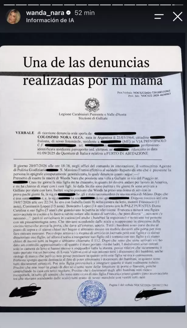 Wanda Nara difundi� la denuncia por el robo ocurrido en la casa del Lago di Como