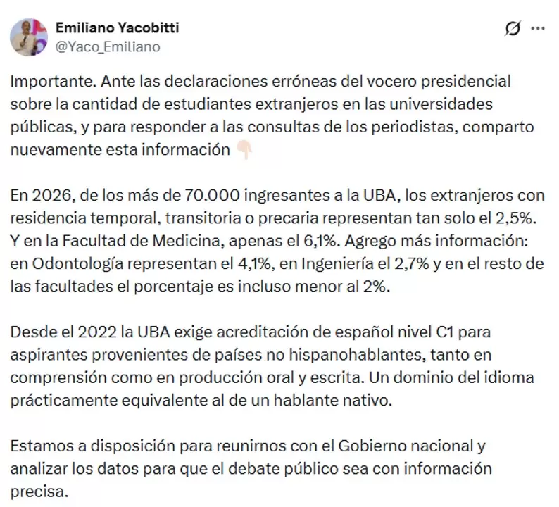 Yacobitti cruz� al vocero presidencial por el porcentaje de alumnos extranjeros