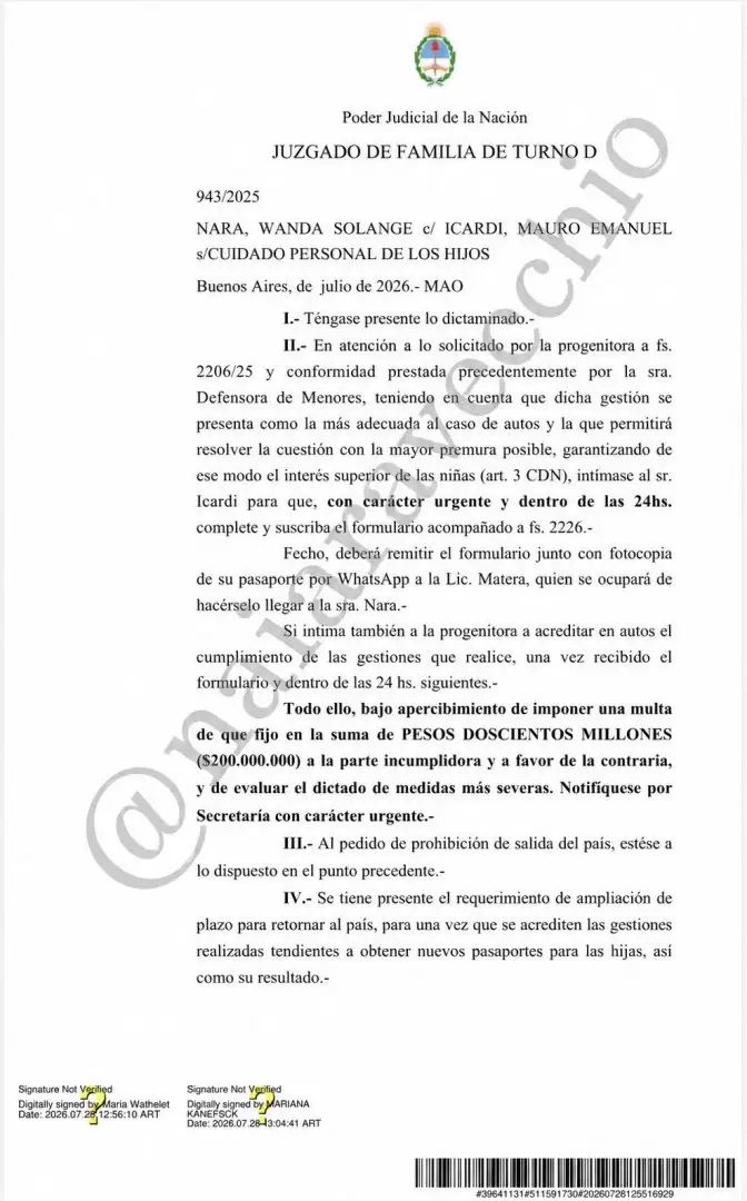 El dictamen con el cual exigieron a Mauro Icardi a que firme los pasaportes de sus hijas y lo amenazaron con una multa de 200 millones de pesos.